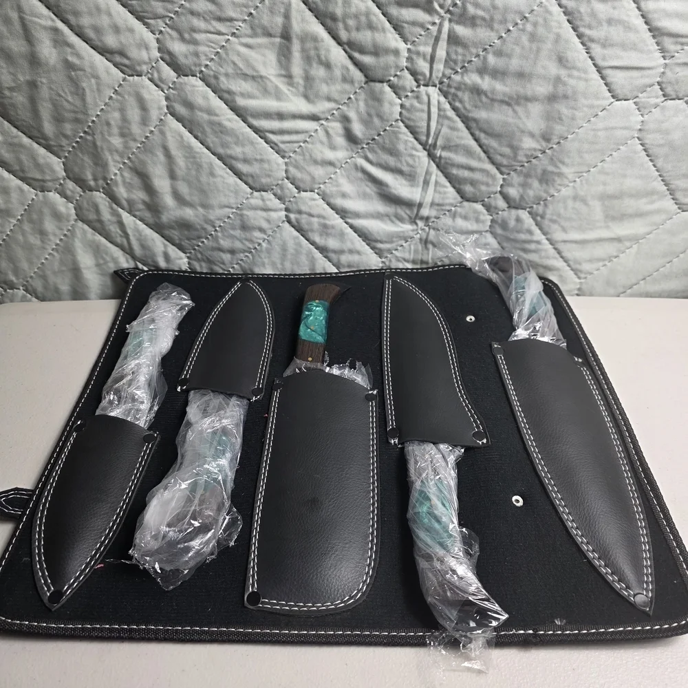 Rust Free Handcrafted J2 Steel Chef Knife Set Wit Five-piece knife set. Turquois